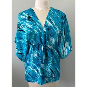 Alice Olivia Tie Front Aqua Watercolor 100% Silk Oversized Butterfly Sleeves S